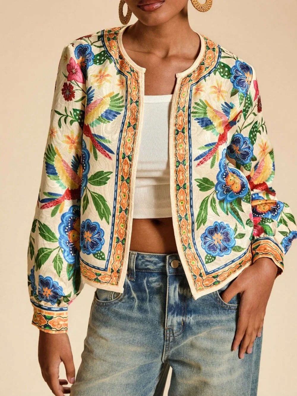 Multicolor Casual Women's Floral Print Open Front Light Boho Tropical top - Picture 7 of 7